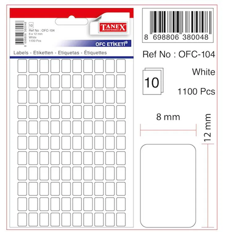 TANEX OFC-104 8x12mm BEYAZ OFİS ETİKETİ 10'LU