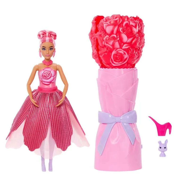 MATTEL JMF56/JMF59 BARBIE PETAL POP SÜRPRİZ ÇİÇEK SERİSİ KIRMIZI GÜL ELBİSELİ BEBEK 14 CM 3+