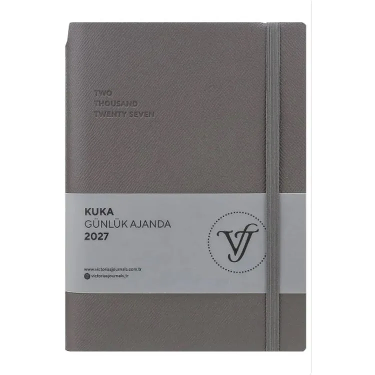 VICTORIA'S JOURNALS 226-2406 14x20,5 cm KUKA 416 SAYFA RENKLİ KENAR LASTİKLİ CEPLİ ESNEK KAPAK GÜNLÜK AJANDA - GRİ