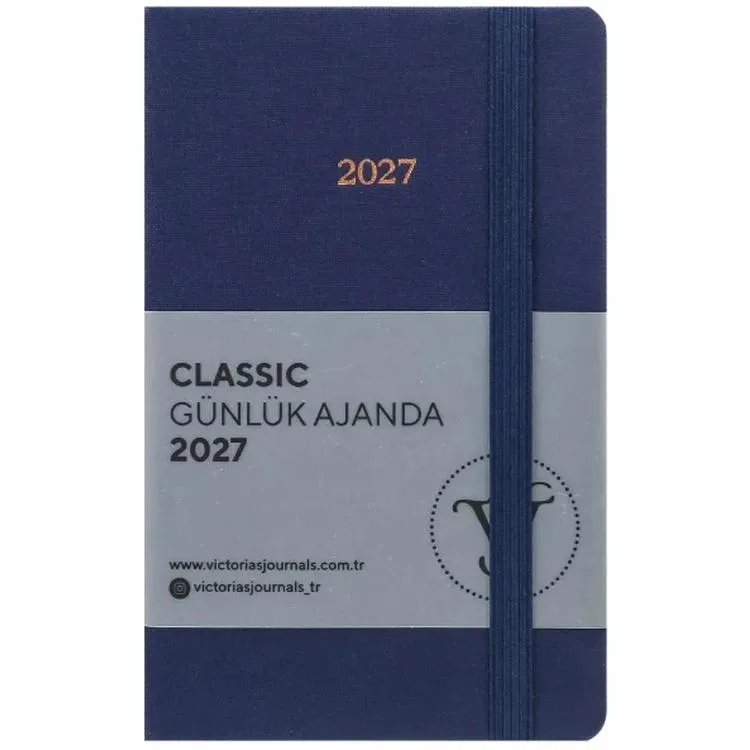 VICTORIA'S JOURNALS 226-2423 9x14 cm CLASSIC SERT KAPAK CEPLİ LASTİKLİ GÜNLÜK AJANDA - MAVİ