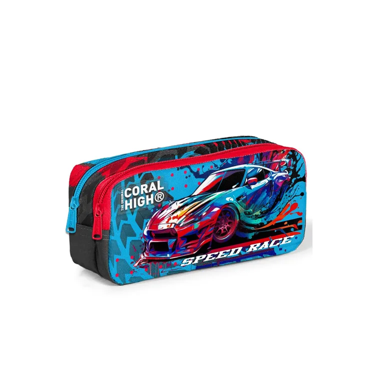 CORAL HIGH 12085 GRİ MAVİ YARIŞ ARABASI DESENLİ İKİ BÖLMELİ KALEM ÇANTASI
