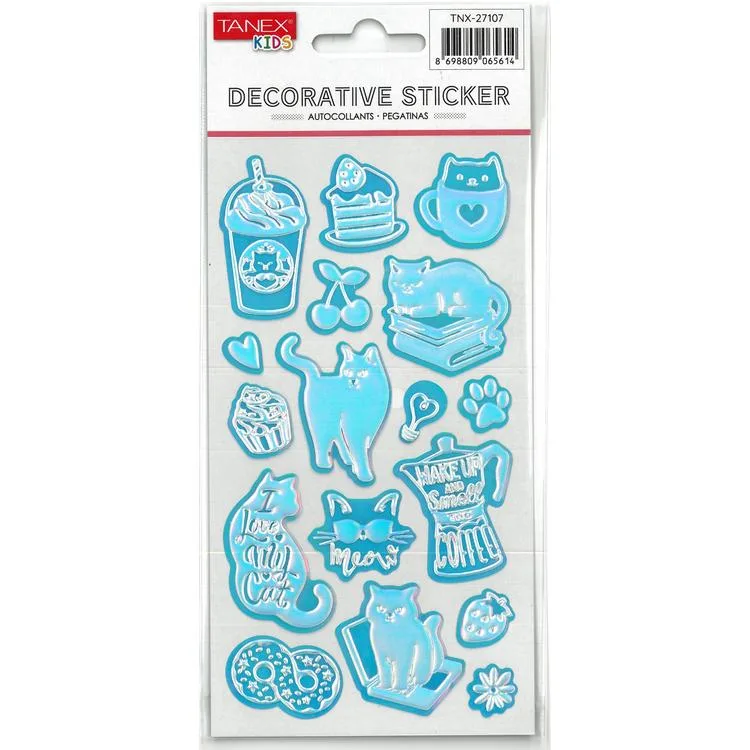 TANEX KIDS TNX-27107 DEKORATİF ETİKETLER - PUFFY PARLAK ŞEKER KEDİ SERİSİ STICKER