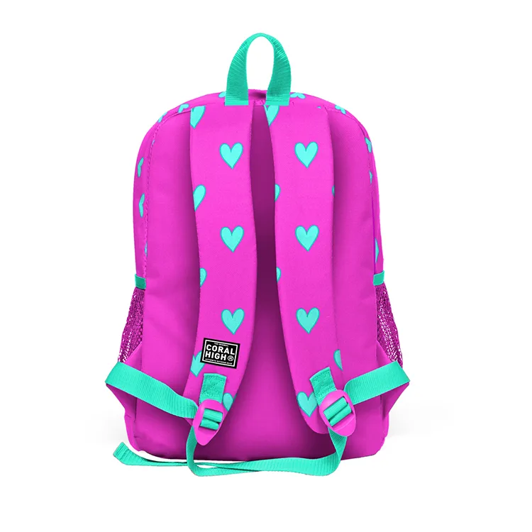CORAL HIGH 23113 KİDS NEON PEMBE SU YEŞİLİ KALP DESENLİ DÖRT BÖLMELİ OKUL SIRT ÇANTASI