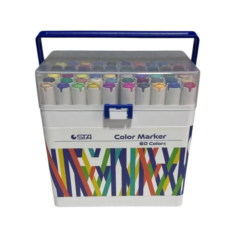 STA 910360 ÇİFT UÇLU ALKOL BAZLI MARKER 1mm/1-7mm UÇ KALEM SETİ 60'LI (RENK) TAŞIMA SAPLI PLASTİK KUTULU