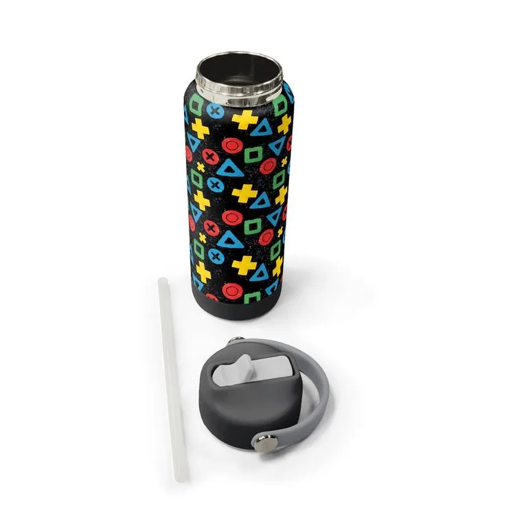 CORAL HIGH 38314 KIDS SİYAH LET'S PLAY DESENLİ KATLANIR AĞIZLI PİPETLİ ÇELİK TERMOS 650ML