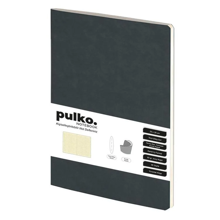 PULKO NOTEBOOK PND03 ESNEK KAPAK 20x28cm 80gr.96 SAYFA TERMO DERİ TERZİ DİKİŞ SIRT KARELİ DEFTERİ - SİYAH