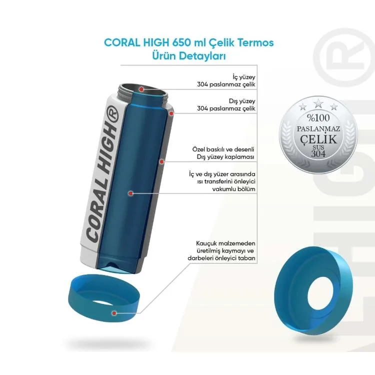 CORAL HIGH 38309 KIDS LACİVERT RENKLİ YILDIZ DESENLİ KATLANIR AĞIZLI PİPETLİ ÇELİK TERMOS 650ML