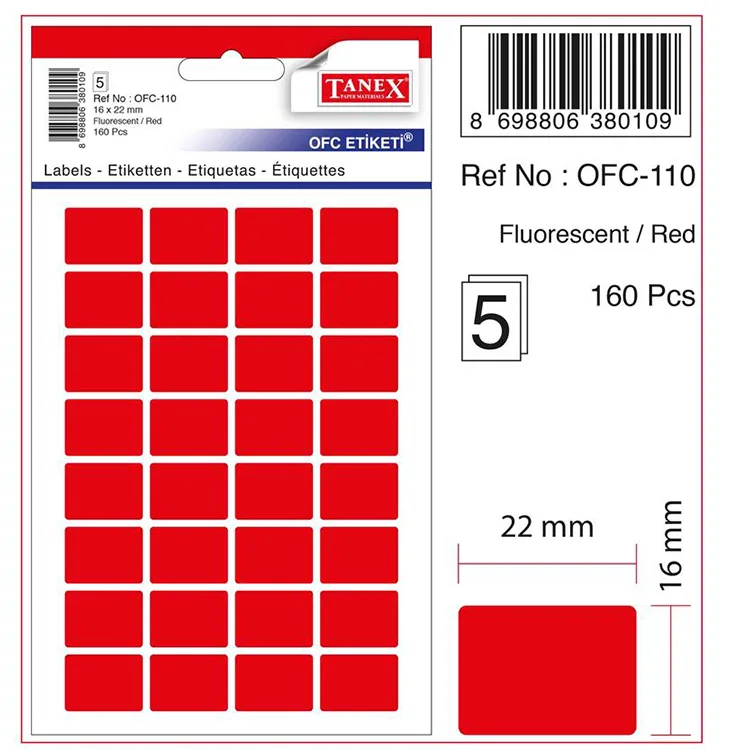 TANEX OFC-110 16x22mm FLORASAN KIRMIZI OFİS ETİKETİ 5'Lİ