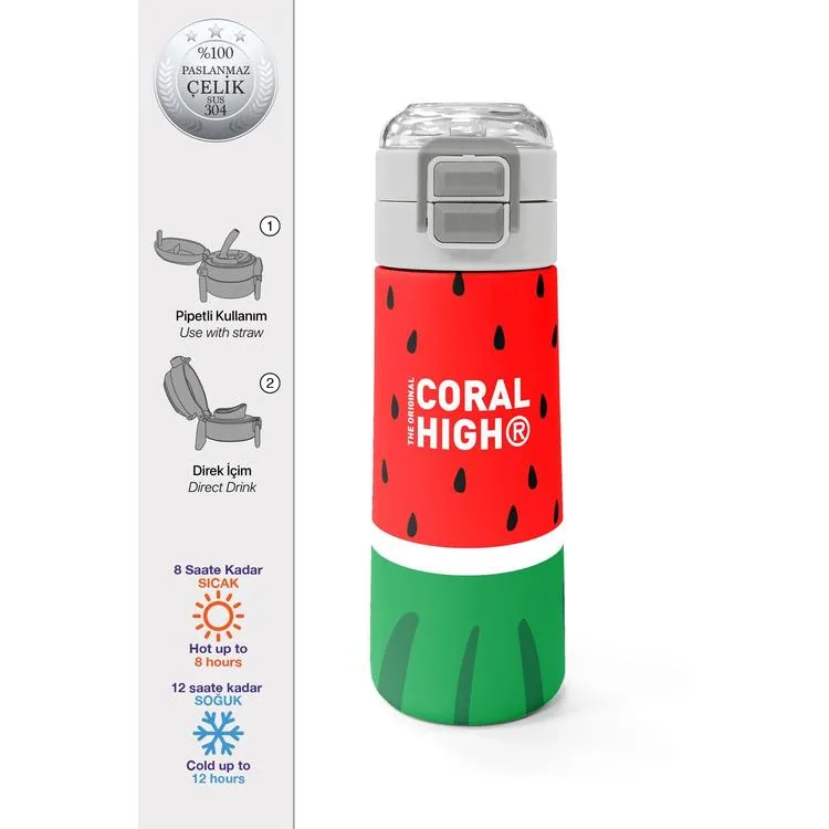 CORAL HIGH 31866 KIDS KIRMIZI YEŞİL KARPUZ DESENLİ PİPETLİ VE DİREKT İÇİM ÇELİK TERMOS 500ML