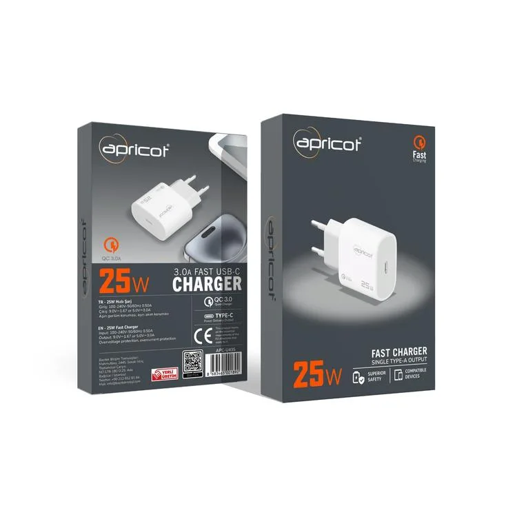 APRİCOT APC-U435 TYPE-C 25W BEYAZ HIZLI ŞARJ ADAPTÖRÜ