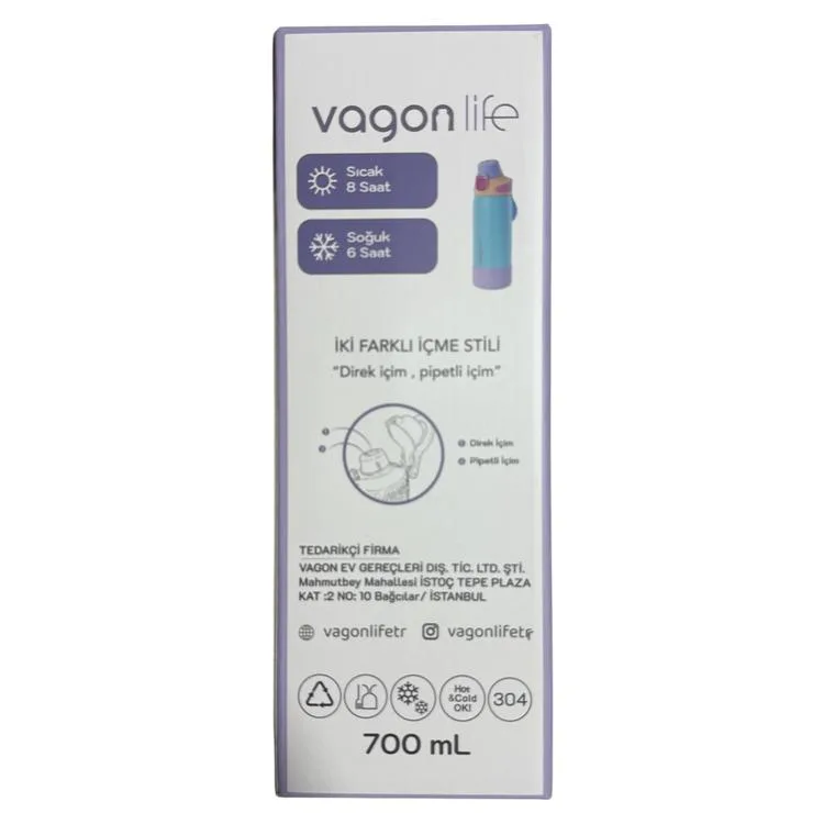 VAGONLİFE ÇELİK TEK KAPAK PİPETLİ/ PİPETSİZ KULLANIM KULPLU MATARA/TERMOS VGN1102 700ML - MAVİ