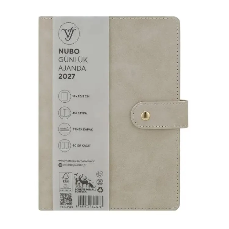VICTORIA'S JOURNALS 226-2397 14x20,5 cm NUBO 416 SAYFA DEĞİŞEBİLEN İÇ ESNEK KAPAK GÜNLÜK AJANDA - KREM