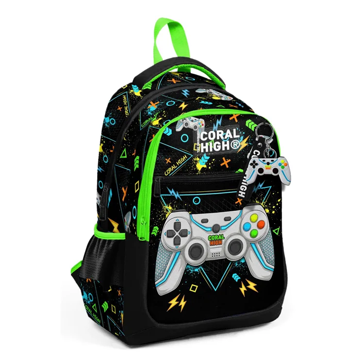 CORAL HIGH 23654 KIDS SİYAH FOSFORLU YEŞİL GAMER DESENLİ ÜÇ BÖLMELİ OKUL SIRT ÇANTASI