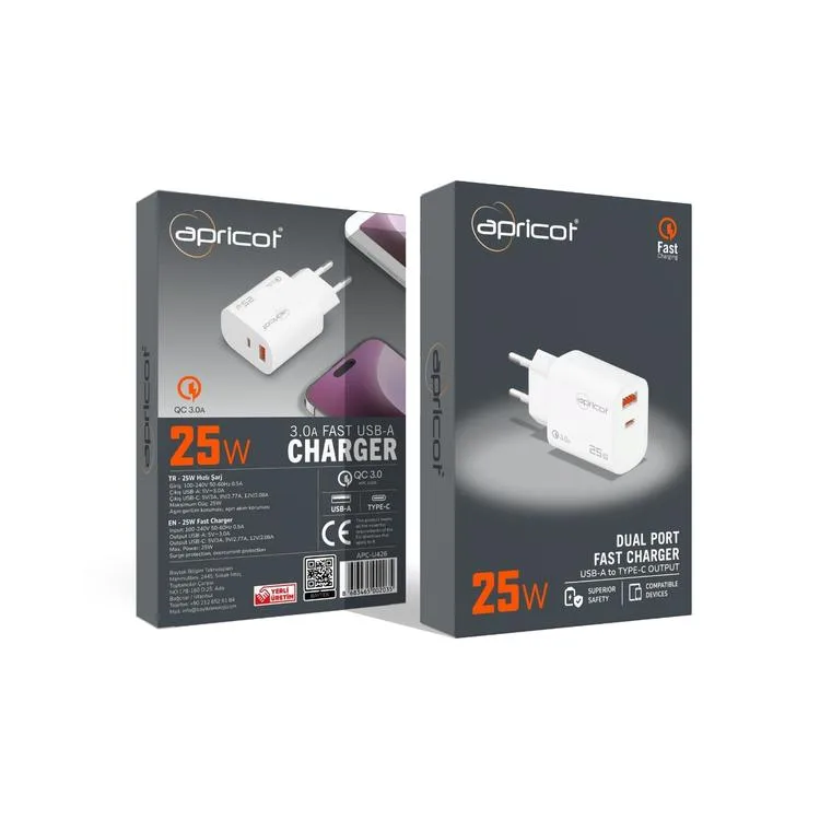 APRICOT APC-U426 TYPE-C 3.0A USB-A 25W HIZLI ŞARJ ADAPTÖRÜ BAŞLIK BEYAZ