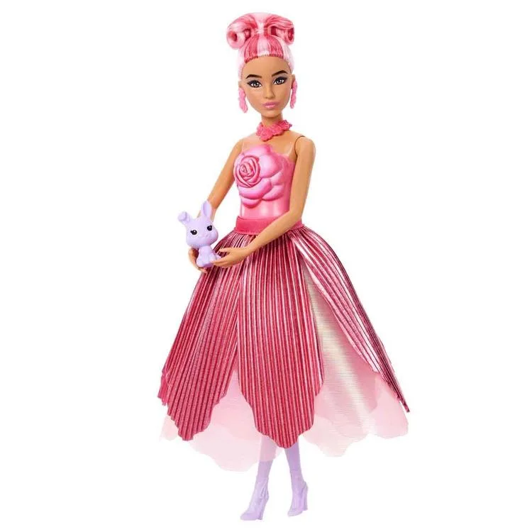 MATTEL JMF56/JMF59 BARBIE PETAL POP SÜRPRİZ ÇİÇEK SERİSİ KIRMIZI GÜL ELBİSELİ BEBEK 14 CM 3+