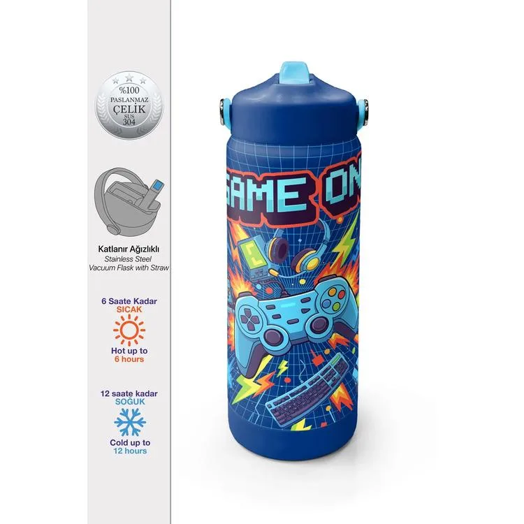 CORAL HIGH 38333 LACİVERT GAME DESENLİ KATLANIR AĞIZLI PİPETLİ ÇELİK TERMOS 650ML