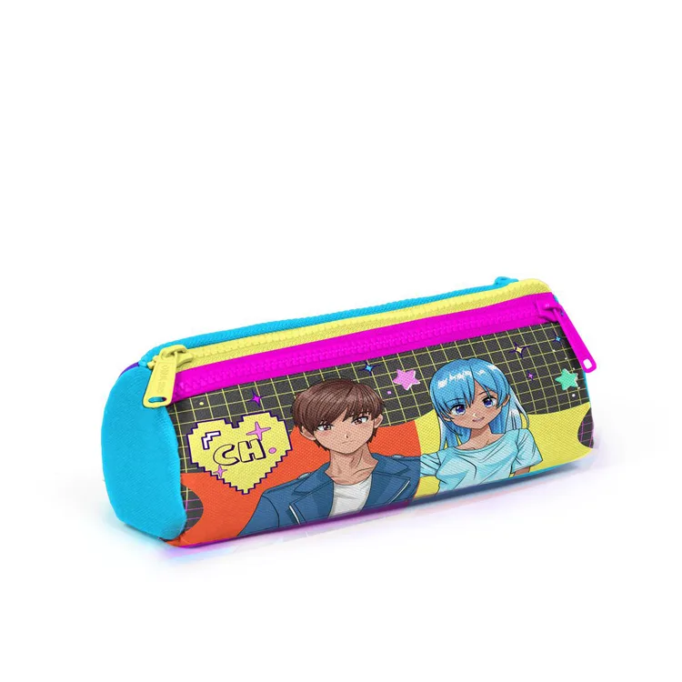 CORAL HIGH 22037 KIDS GRİ MAVİ PEMBE ANİME DESENLİ ÜÇ BÖLMELİ KALEM ÇANTASI