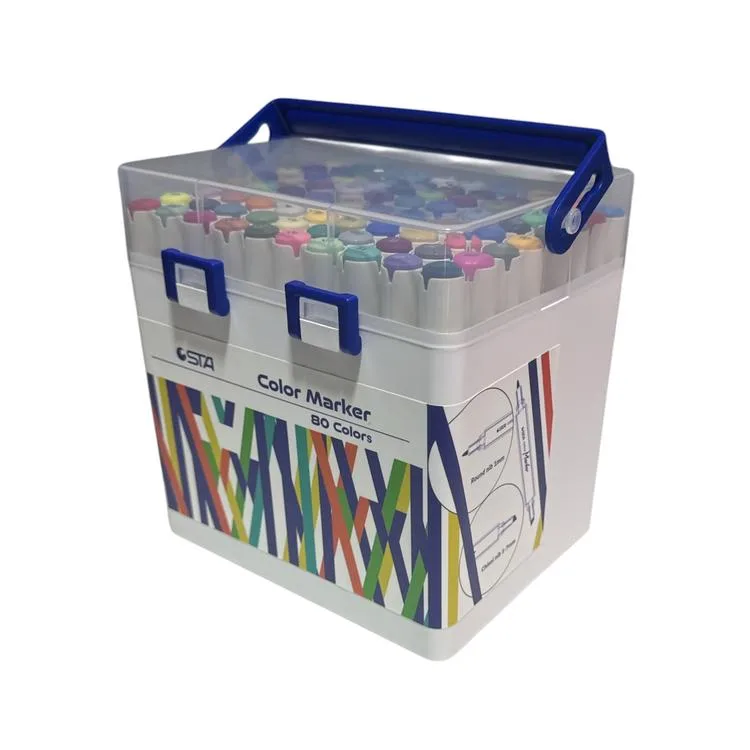 STA 910380 ÇİFT UÇLU ALKOL BAZLI MARKER 1mm/1-7mm UÇ KALEM SETİ 80'Lİ (RENK) TAŞIMA SAPLI PLASTİK KUTULU