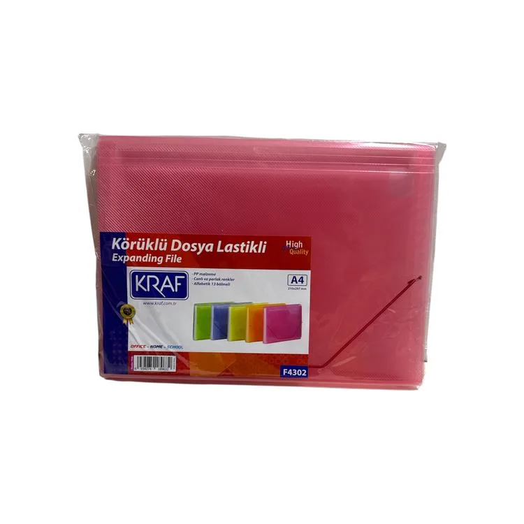 KRAF F4302 LASTİKLİ KÖRÜKLÜ DOSYA A4 13 CEP PEMBE