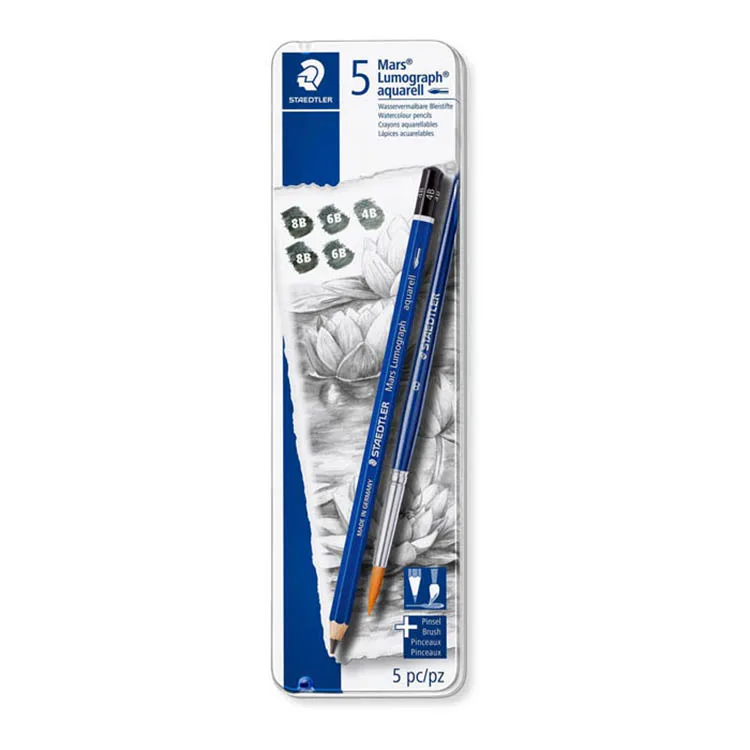 STAEDTLER 100 G6 MARS LUMOGRAPH AQUARELL DERECELİ KURŞUN KALEM SETİ 5'Lİ+ FIRÇA METAL KUTU