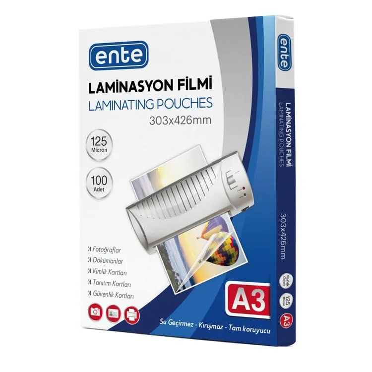 ENTE LAMİNASYON FİLMİ PARLAK A3 125 MİC 100LÜ 303x426mm - 0211