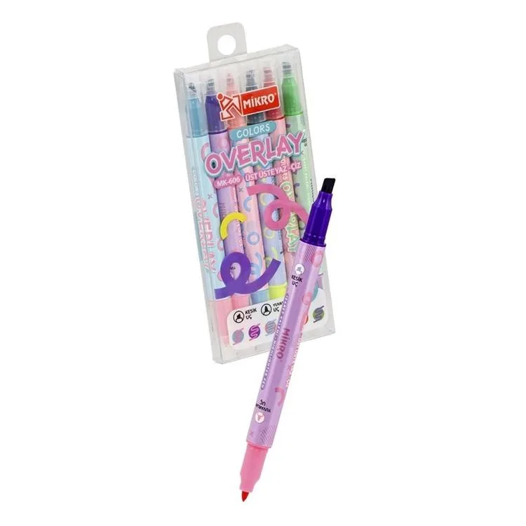 MİKRO MK-606 OVERLAY FOSFORLU KALEM ÇİFT UÇLU 6'LI 1 SET
