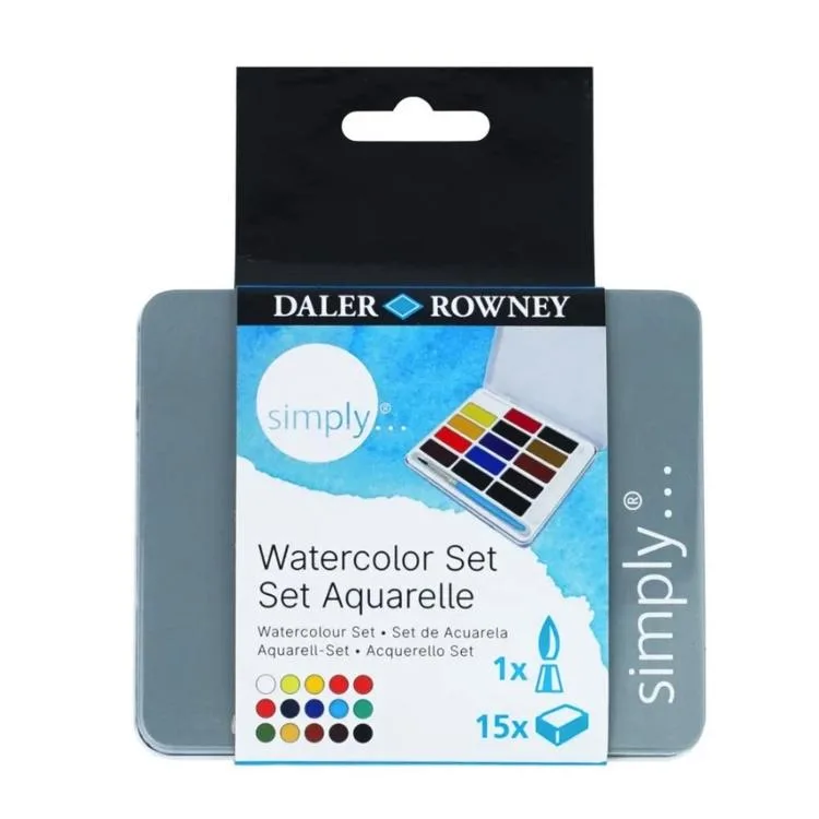 DALER ROWNEY SIMPLY WATERCOLOR SULU BOYA SETİ 15'Lİ (15 RENK+1 AD FIRÇA) METAL KUTU - FT134500015