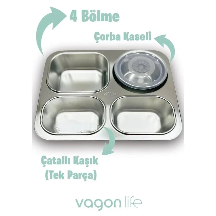 VAGONLİFE ÇELİK YEMEK KABI TEK KATLI 4 BÖLMELİ 1200 ML - LUNCH BOX XC-7080