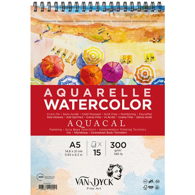 VAN DYCK VD420312 İNCE DOKULU ÜSTTEN SPİRALLİ SULUBOYA BLOK A5 300GR 15 YP