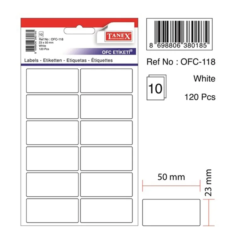 TANEX OFC-118 23x50 BEYAZ OFİS ETİKETİ 10'LU