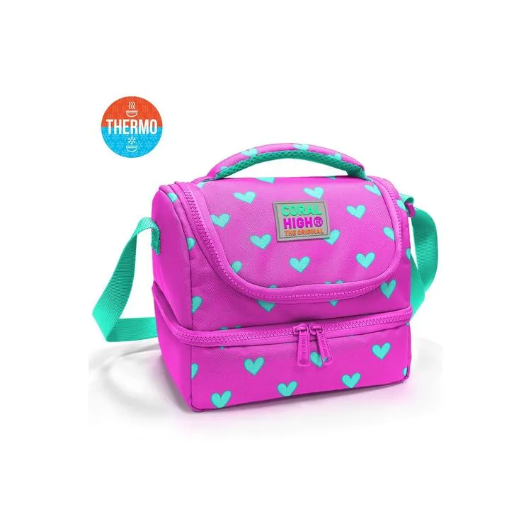 CORAL HIGH 37212 KIDS NEON PEMBE SU YEŞİLİ KALP DESENLİ THERMO İKİ KATLI BESLENME ÇANTASI