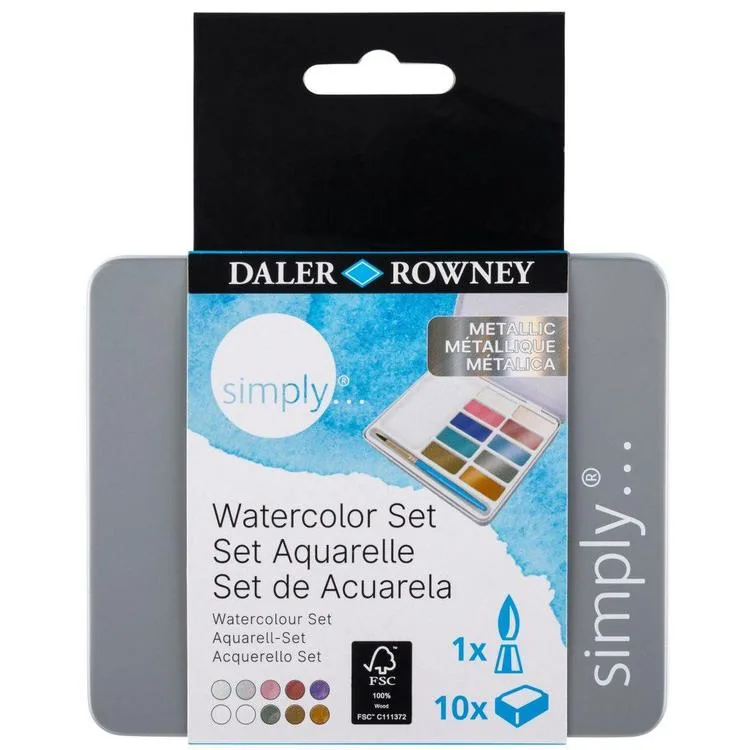 DALER ROWNEY SIMPLY WATERCOLOR SULU BOYA SETİ METALİK RENKLER 10'LU (10 RENK+1 AD FIRÇA) TENEKE KUTU - FT134500017