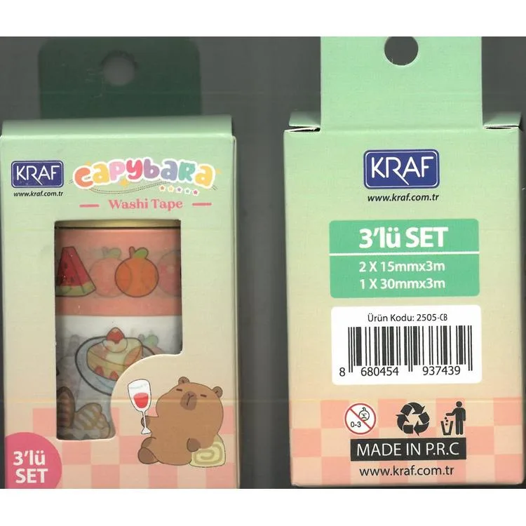 KRAF 2505-CB WASHI TAPE CAPYBARA 3 LÜ TEK SET KUTULU DESENLİ BANT (15mmx3m 2Ad + 30mmx3m 1 Ad)