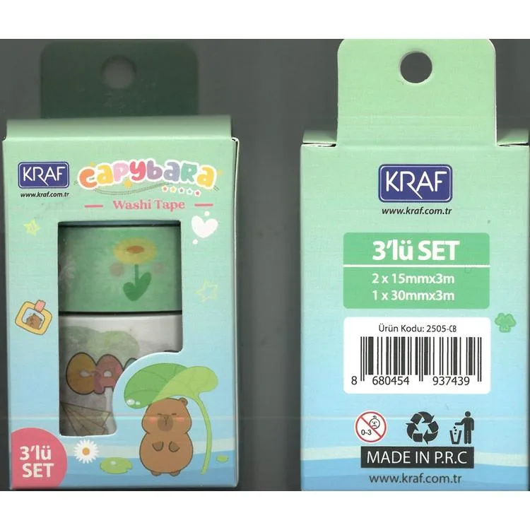 KRAF 2505-CB WASHI TAPE CAPYBARA 3 LÜ TEK SET KUTULU DESENLİ BANT (15mmx3m 2Ad + 30mmx3m 1 Ad)