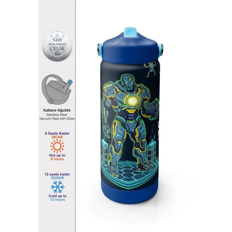 CORAL HIGH 38328 KIDS LACİVERT ROBOT DESENLİ KATLANIR AĞIZLI PİPETLİ ÇELİK TERMOS 650ML