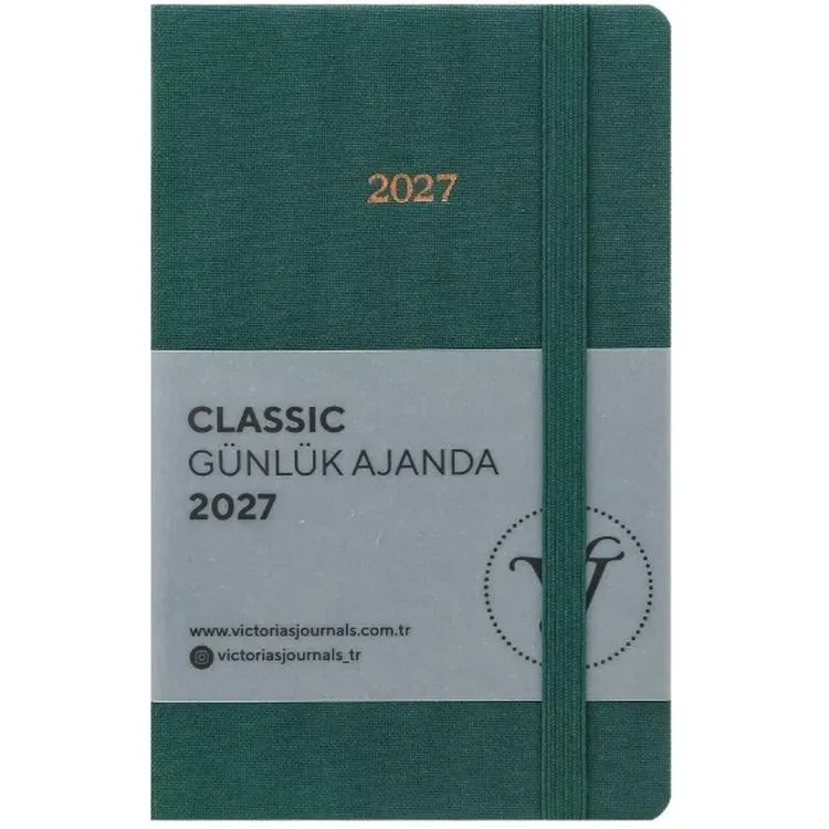 VICTORIA'S JOURNALS 226-2425 9x14 cm CLASSIC SERT KAPAK CEPLİ LASTİKLİ GÜNLÜK AJANDA - YEŞİL