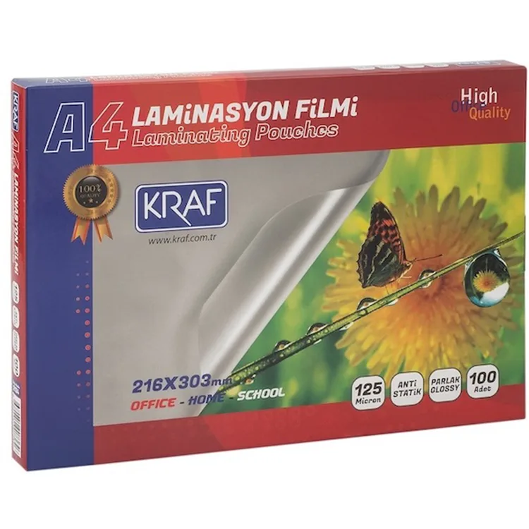 KRAF LAMİNASYON FİLMİ PARLAK A4 125 MİC 100'LÜ 2124