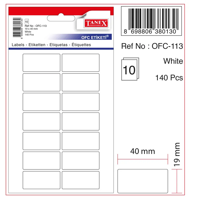 TANEX OFC-113 19x40 BEYAZ OFİS ETİKETİ 10'LU