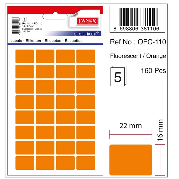 TANEX OFC-110 16x22mm FLORASAN TURUNCU OFİS ETİKETİ 5'Lİ