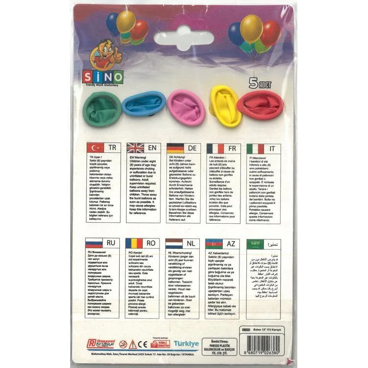SİNO BLN-10 KARIŞIK RENK 12" BALON 5'Lİ TEK KARTELA (ADET)