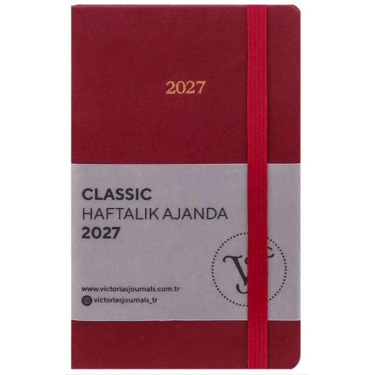 VICTORIA'S JOURNALS 226-2354 9x14 cm CLASSIC SERT KAPAK CEPLİ LASTİKLİ HAFTALIK AJANDA - KIRMIZI