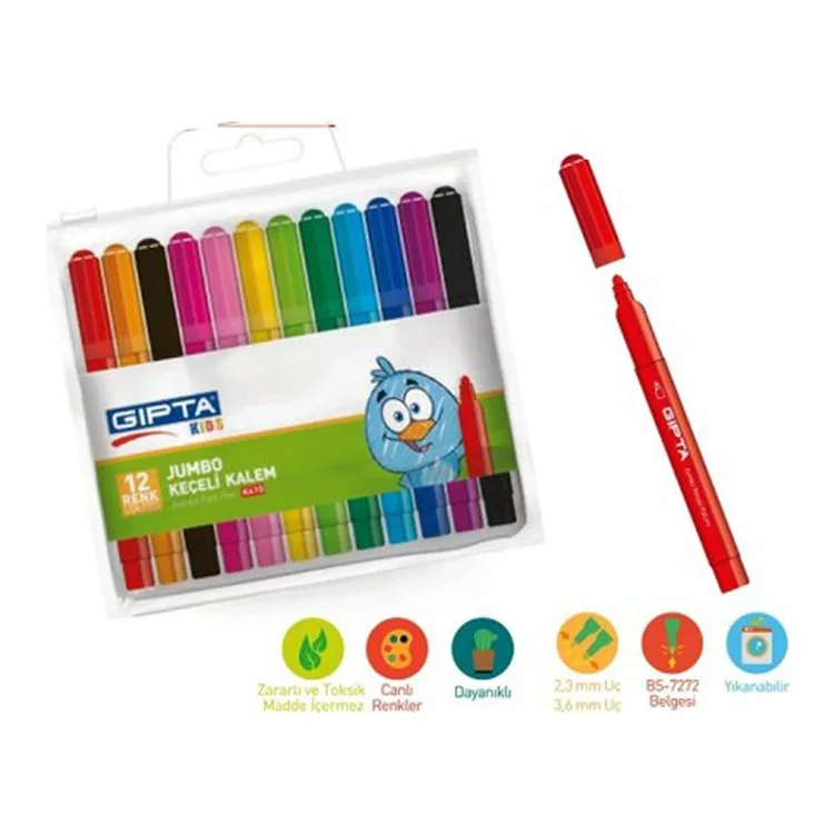 GIPTA K410 PVC ÇANTALI JUMBO KEÇELİ BOYA KALEMİ 12'Lİ