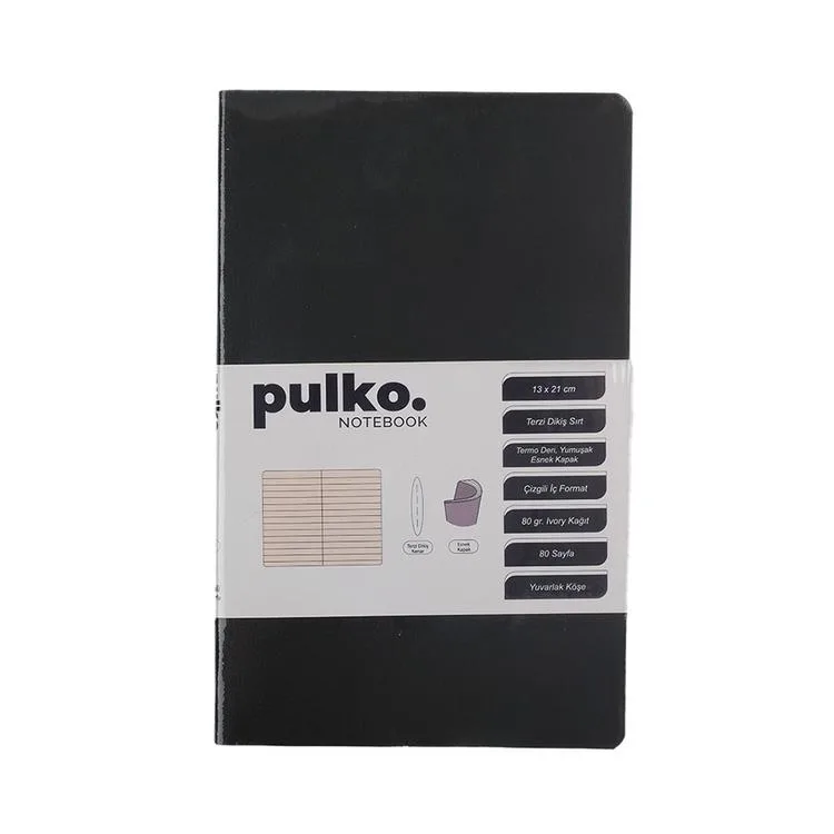 PULKO NOTEBOOK PND021 ESNEK KAPAK 13x21cm 80gr.80 SAYFA TERMO DERİ TERZİ DİKİŞ SIRT ÇİZGİLİ NOT DEFTERİ - SİYAH