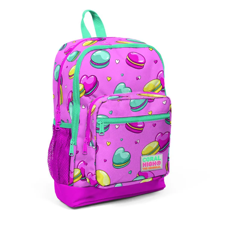CORAL HIGH 23462 AÇIK PEMBE SU YEŞİLİ MAKARON DESENLİ DÖRT BÖLMELİ OKUL SIRT ÇANTASI