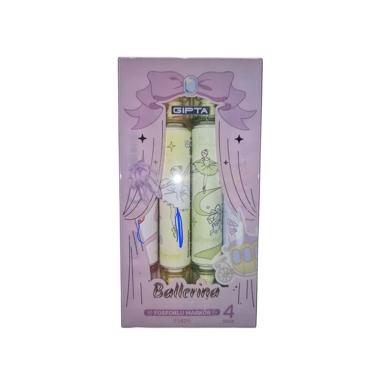 GIPTA F1425 BALLERINA ÇİFT TARAFLI KOKULU FOSFORLU KALEM 4'LÜ PEMBE SET