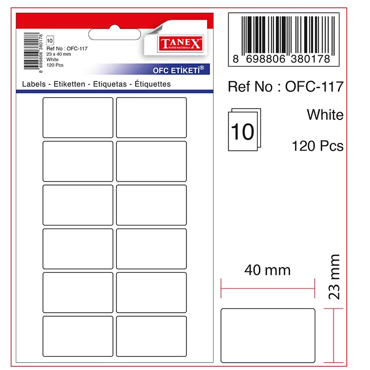 TANEX OFC-117 23x40mm BEYAZ OFİS ETİKETİ 10'LU