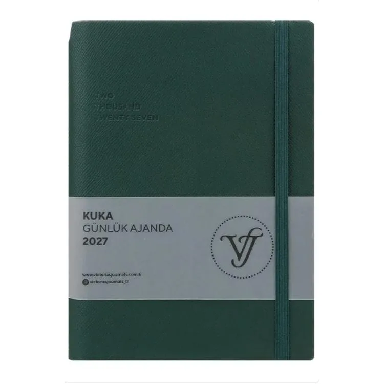 VICTORIA'S JOURNALS 226-2405 14x20,5 cm KUKA 416 SAYFA RENKLİ KENAR LASTİKLİ CEPLİ ESNEK KAPAK GÜNLÜK AJANDA - ORMAN YEŞİLİ