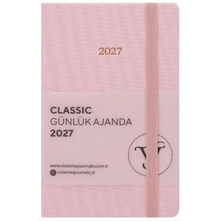 VICTORIA'S JOURNALS 226-2428 9x14 cm CLASSIC SERT KAPAK CEPLİ LASTİKLİ GÜNLÜK AJANDA - PEMBE