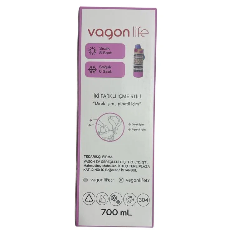 VAGONLİFE ÇELİK TEK KAPAK PİPETLİ/ PİPETSİZ KULLANIM KULPLU MATARA/TERMOS VGN1102 700ML - RESİMLİ (KARE DESENLİ)