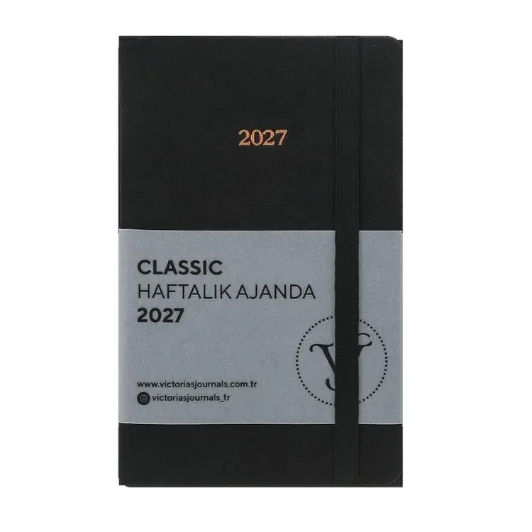 VICTORIA'S JOURNALS 226-2352 9x14 cm CLASSIC SERT KAPAK CEPLİ LASTİKLİ HAFTALIK AJANDA - SİYAH